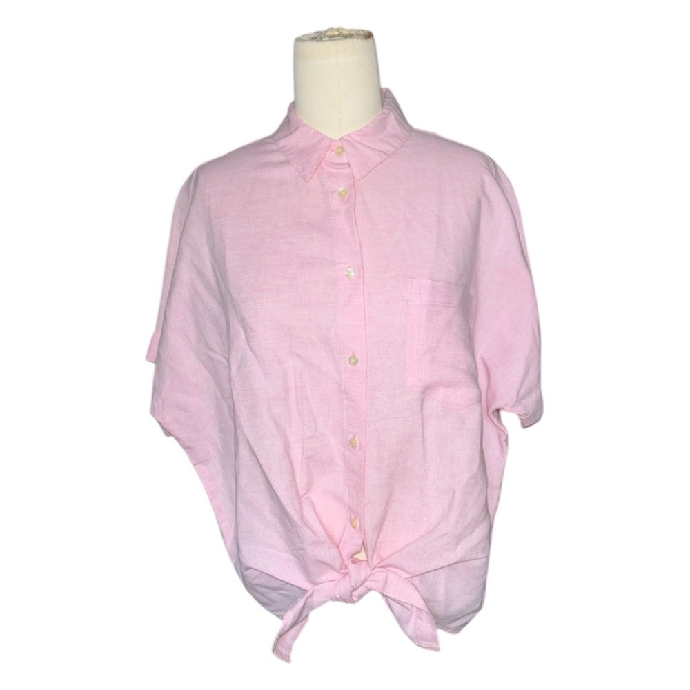 Madewell Pink Short Sleeve Tie Front Button-Up Shirt in Linen Cotton Blend